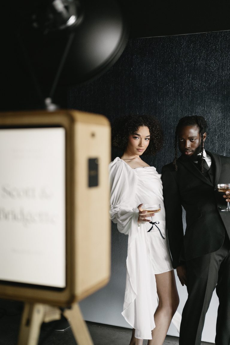 A custom welcome screen on the booth at a black tie event