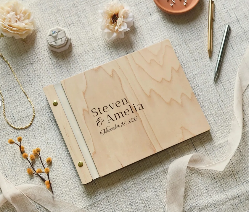 The wooden-cover photo-album guestbook