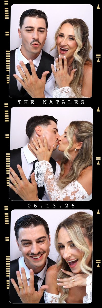 A photo booth strip of a newlywed couple showing their rings and kissing, labeled The Natales