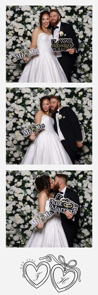 A photo strip of a couple in front of a white flower wall with heart doodles