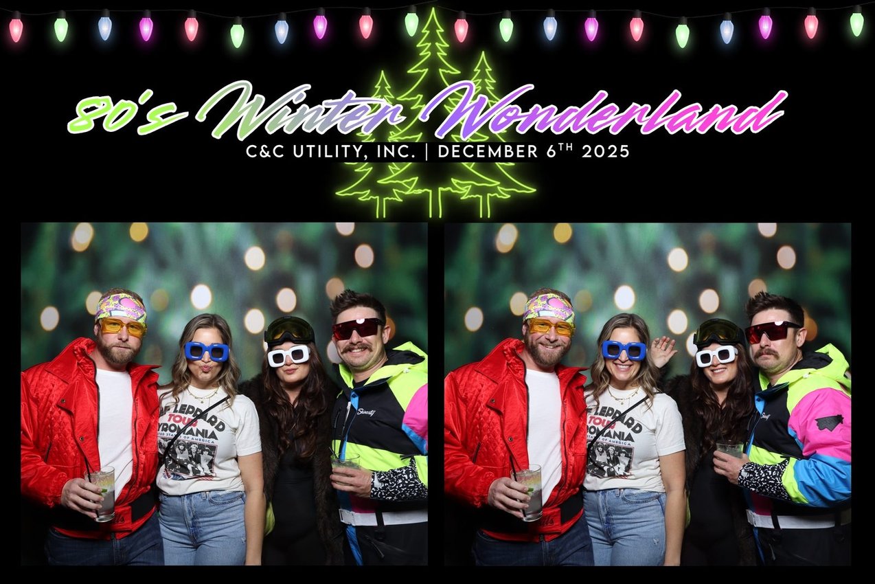 An 80s Winter Wonderland branded photo template from a C and C Utility holiday party