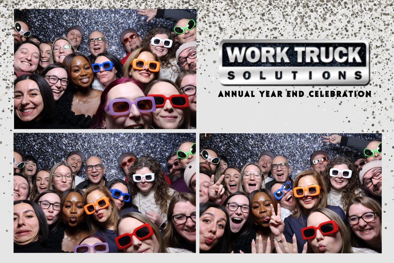 A Work Truck Solutions year-end celebration template with guests in party glasses