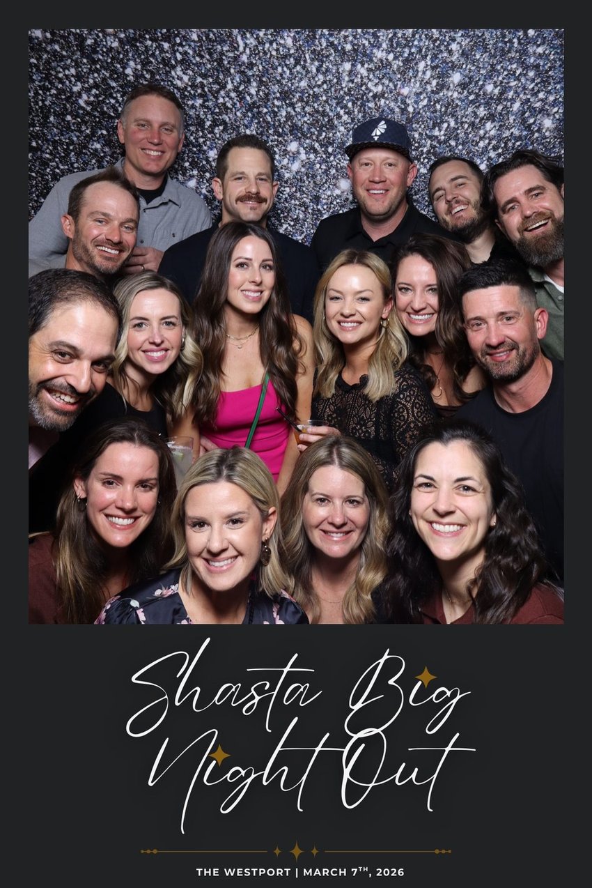 A large group photo on a Shasta Big Night Out branded template