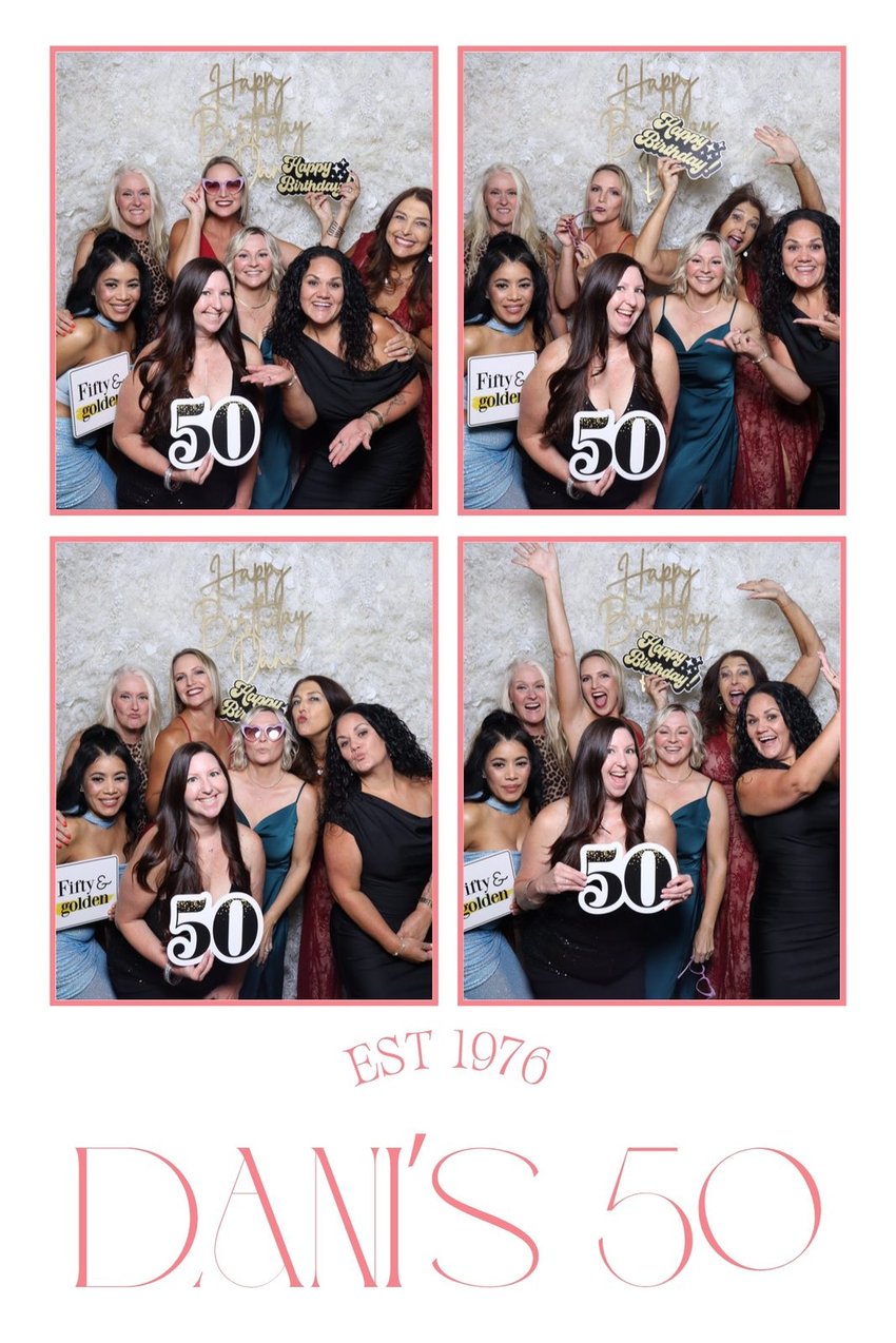 A four-photo print from Dani's 50th birthday at the flower wall