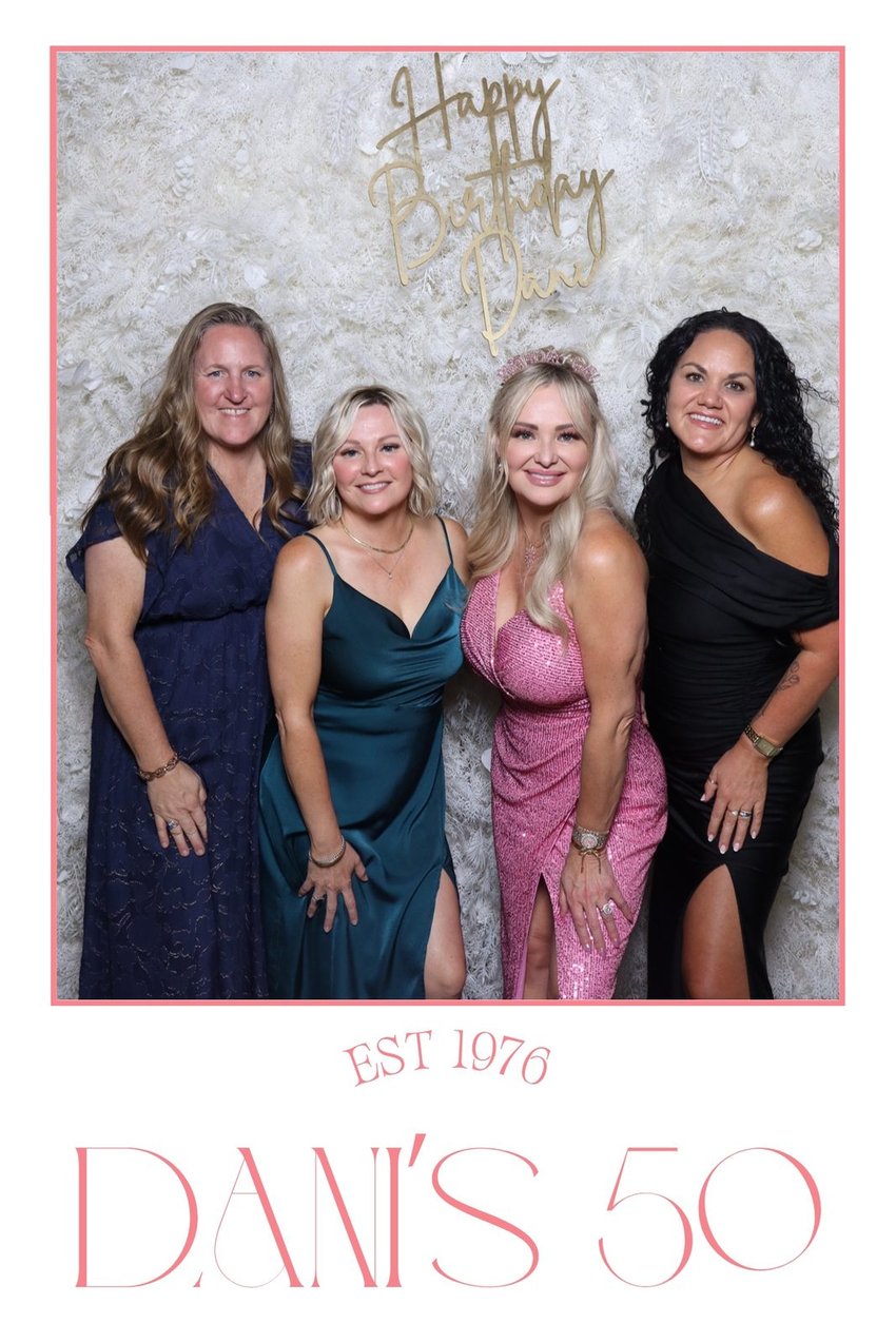 Four friends in front of the flower wall on a Dani's 50 birthday template