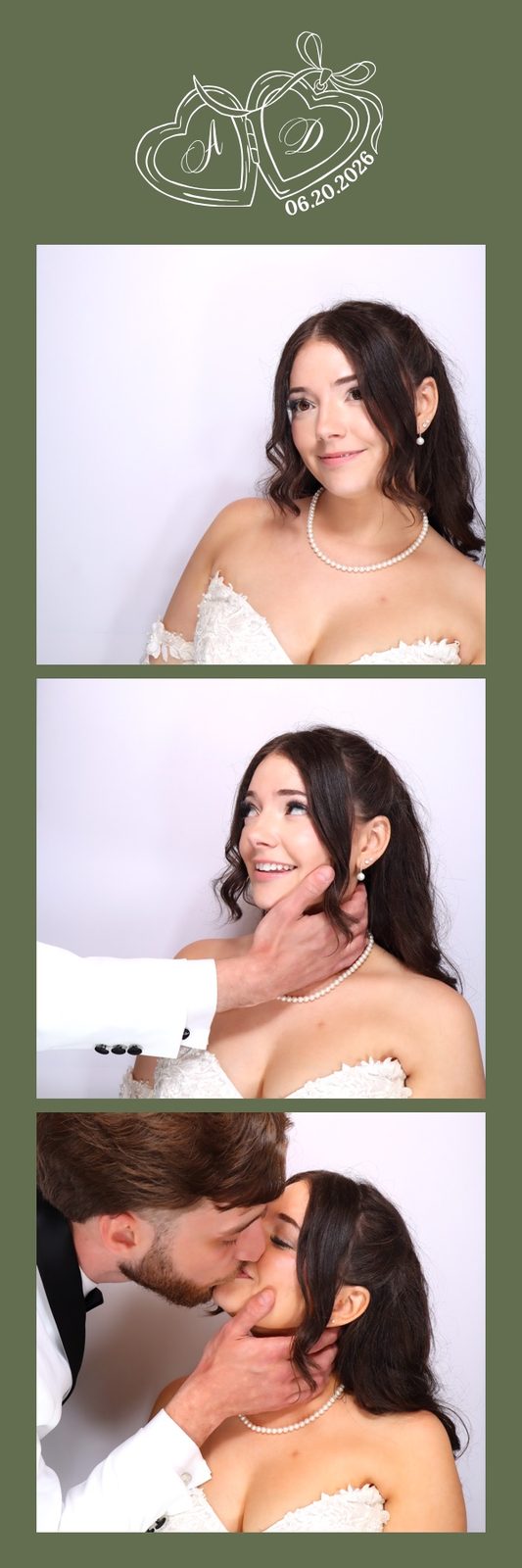 A photo strip of a bride and groom on a sage green template