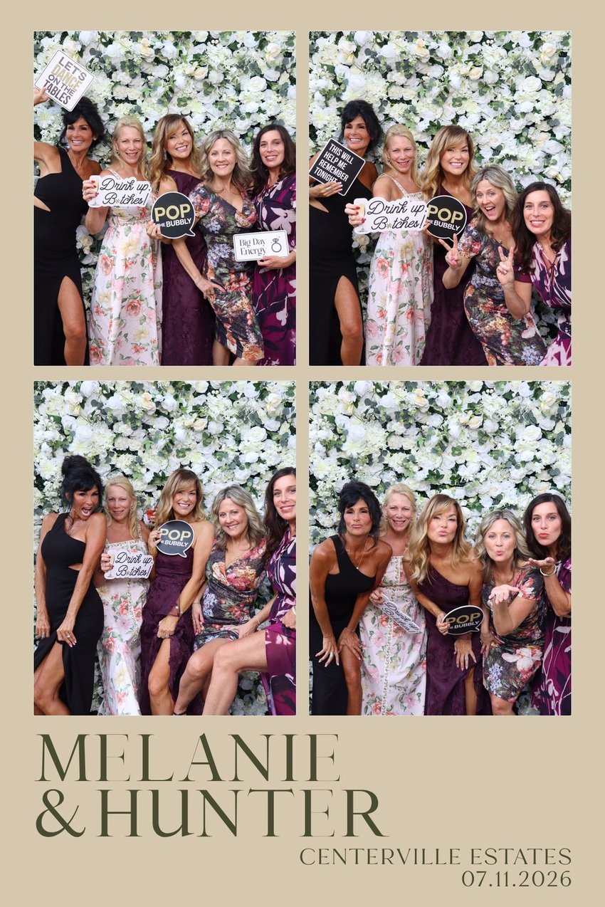 A Melanie and Hunter wedding print of guests with props at the flower wall