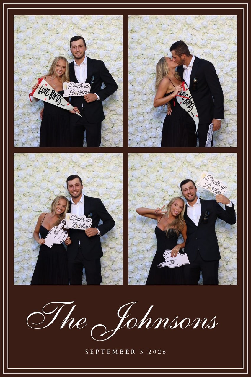 A The Johnsons four-photo wedding print with props at the flower wall