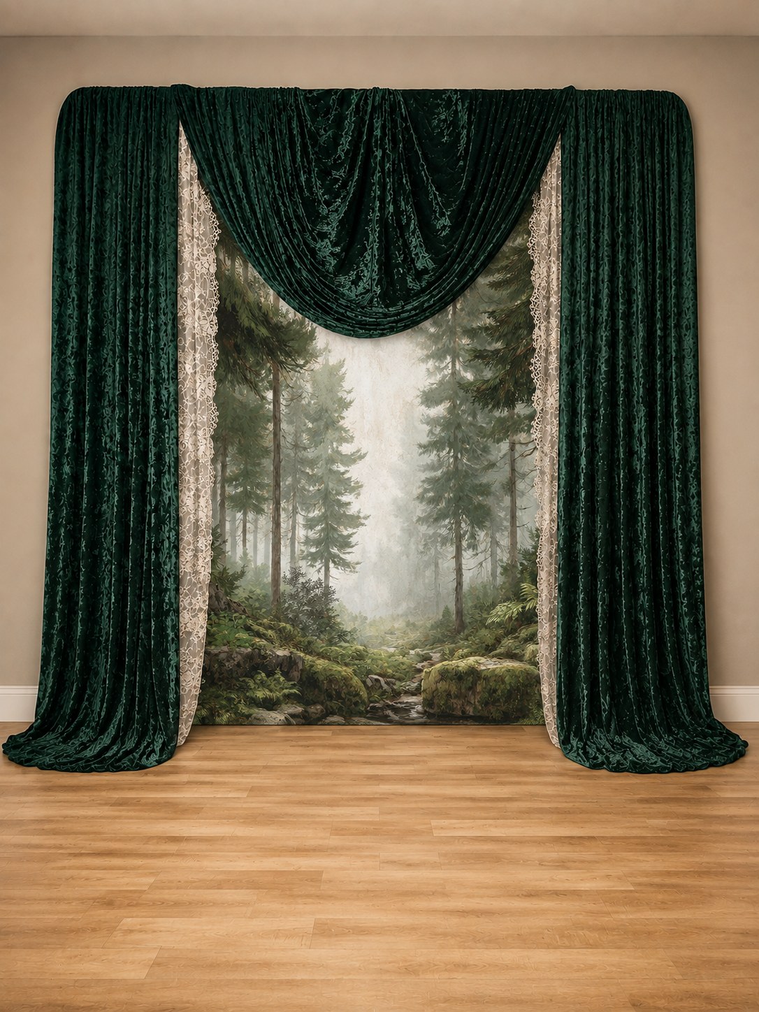 Emerald velvet drapes framing a misty forest backdrop