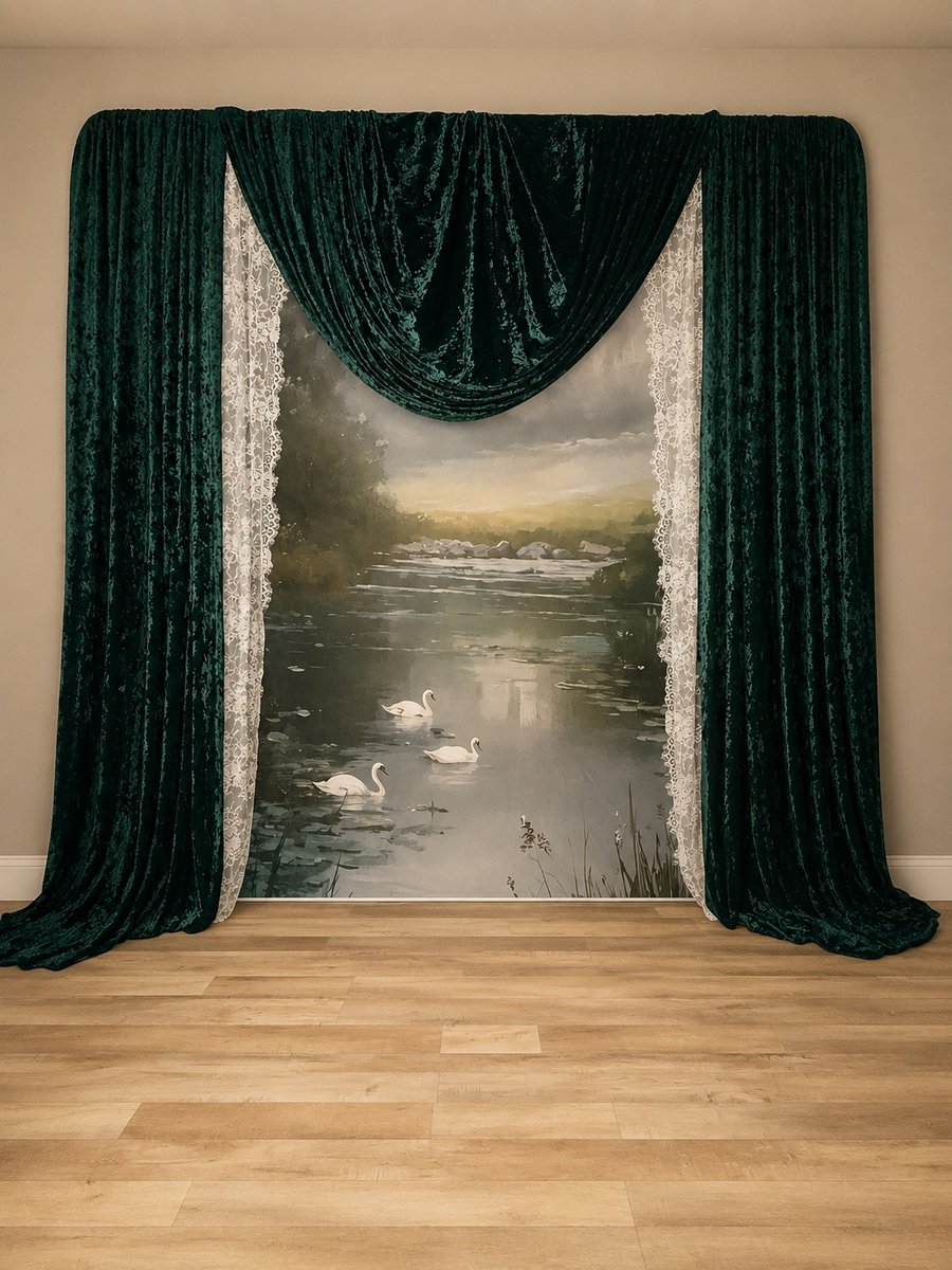 Draped backdrop framed in deep emerald velvet