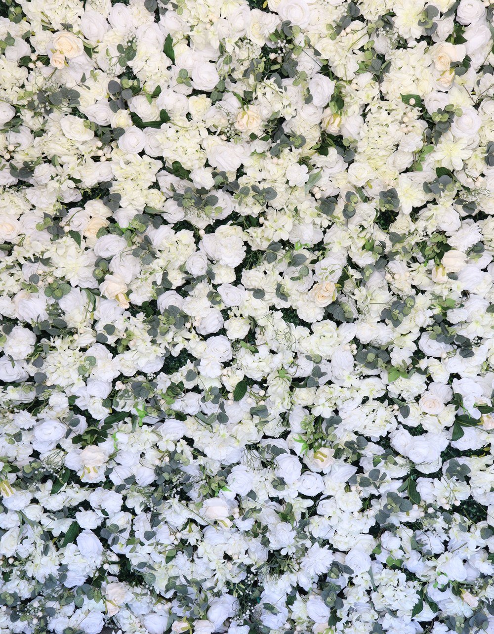 A white silk flower wall backdrop