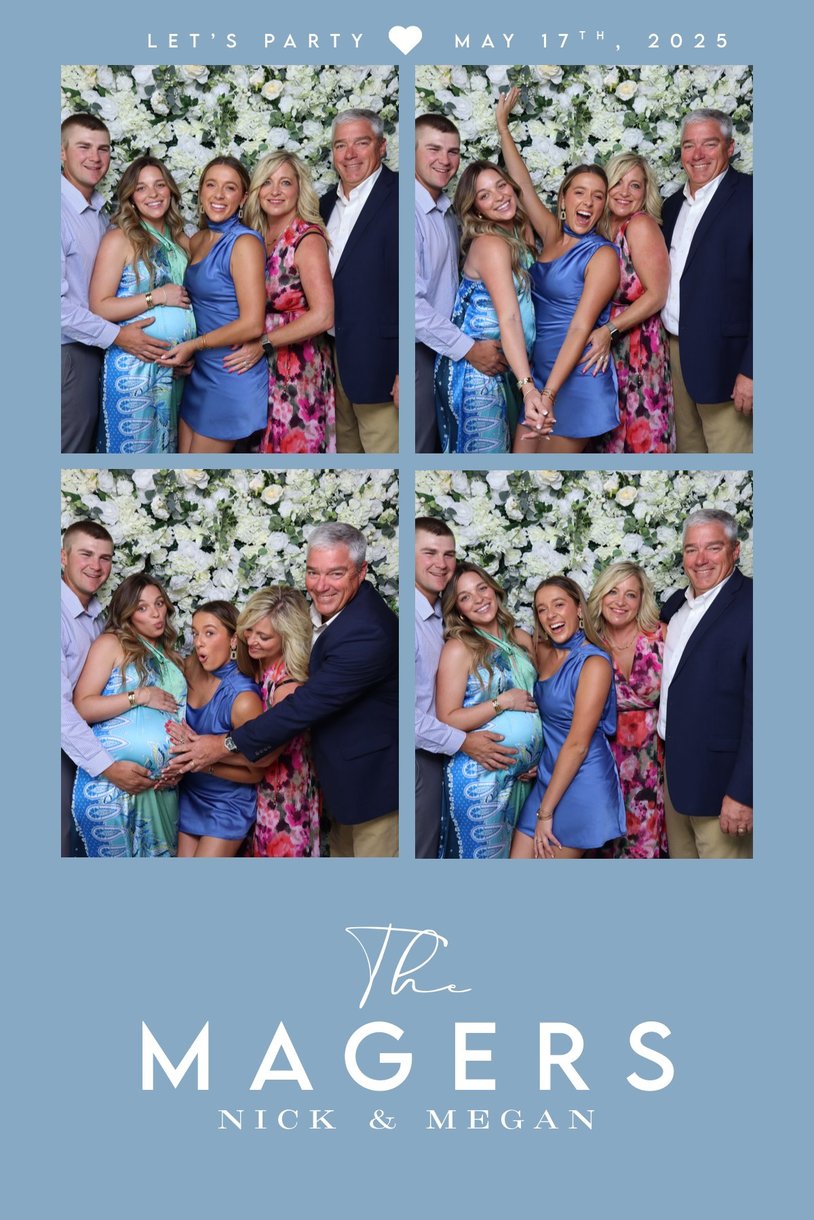 A The Magers wedding print of guests in front of the flower wall, in light blue