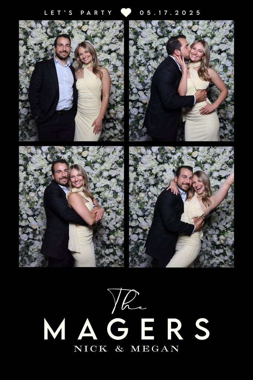 A The Magers wedding print of the couple at the flower wall, in black