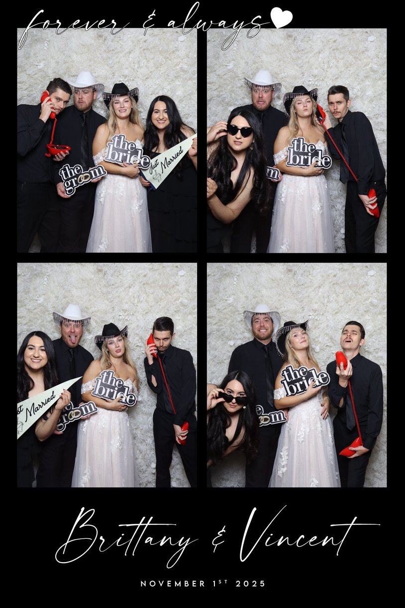 A Brittany and Vincent wedding print of the wedding party with props