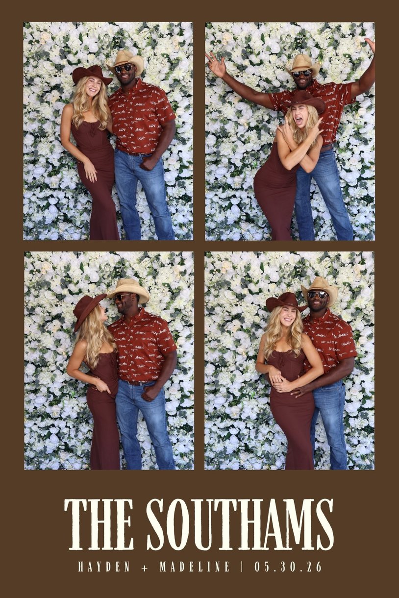 A The Southams wedding print of guests in cowboy hats at the flower wall