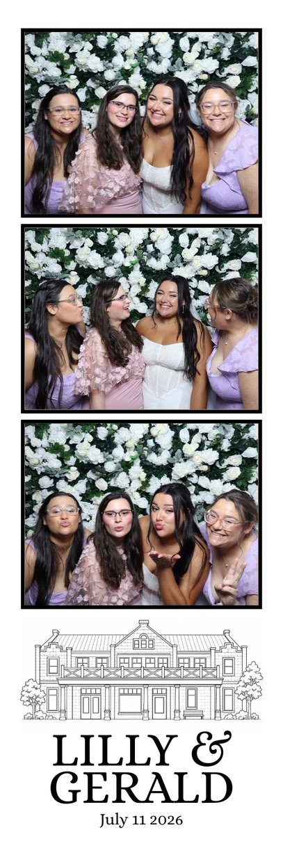 A Lilly and Gerald wedding photo strip of three guests at the flower wall