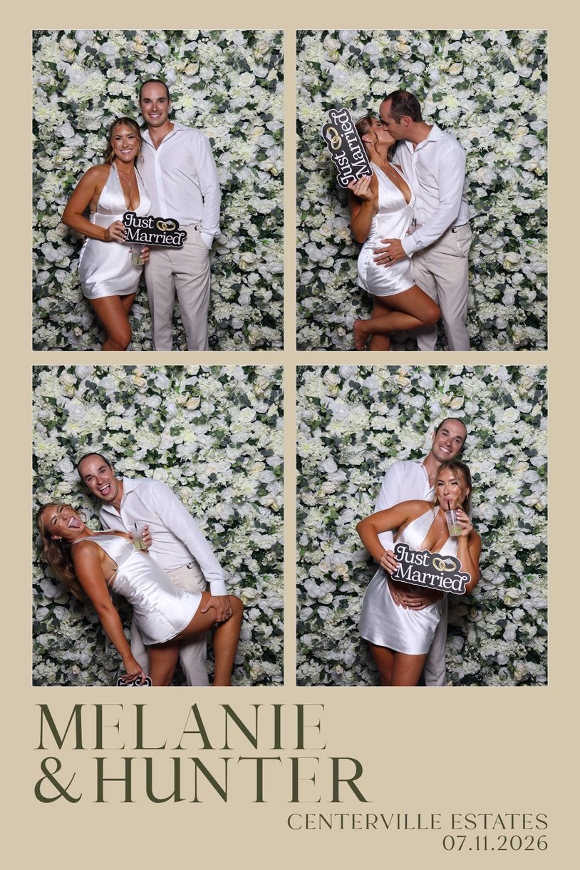 A Melanie and Hunter wedding print of the couple with a Just Married sign